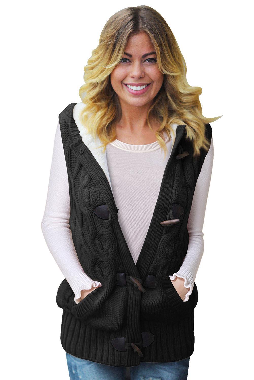 US 17.98 Black Cable Knit Hooded Sweater Vest Wholesale