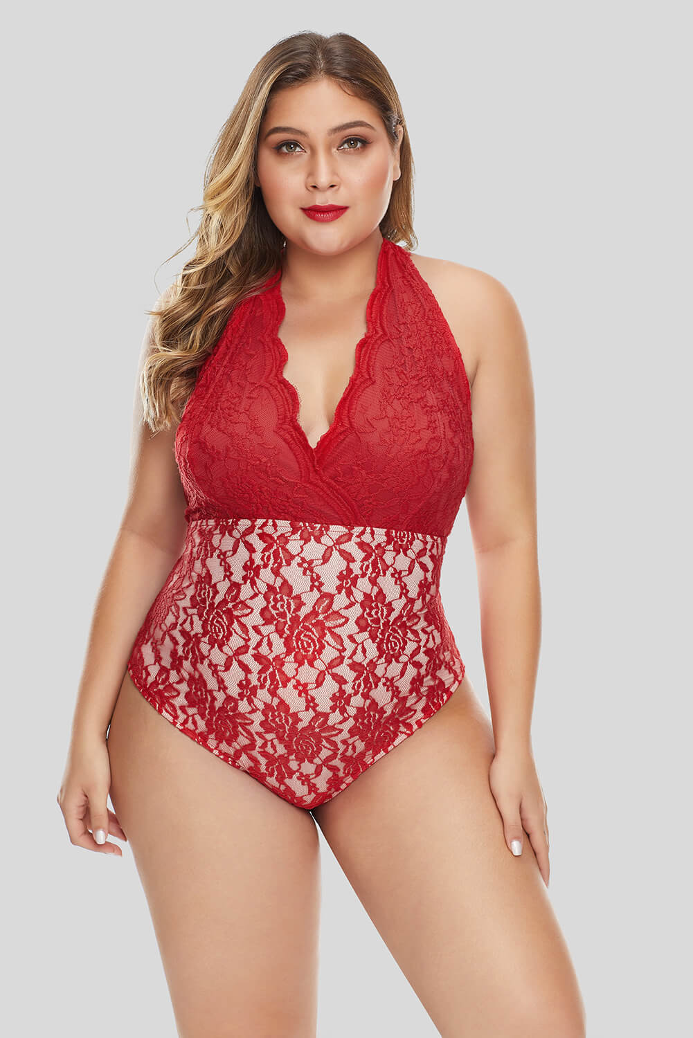 US 11.16 Red Deep V Neck Floral Lace Lined Bodysuit Wholesale