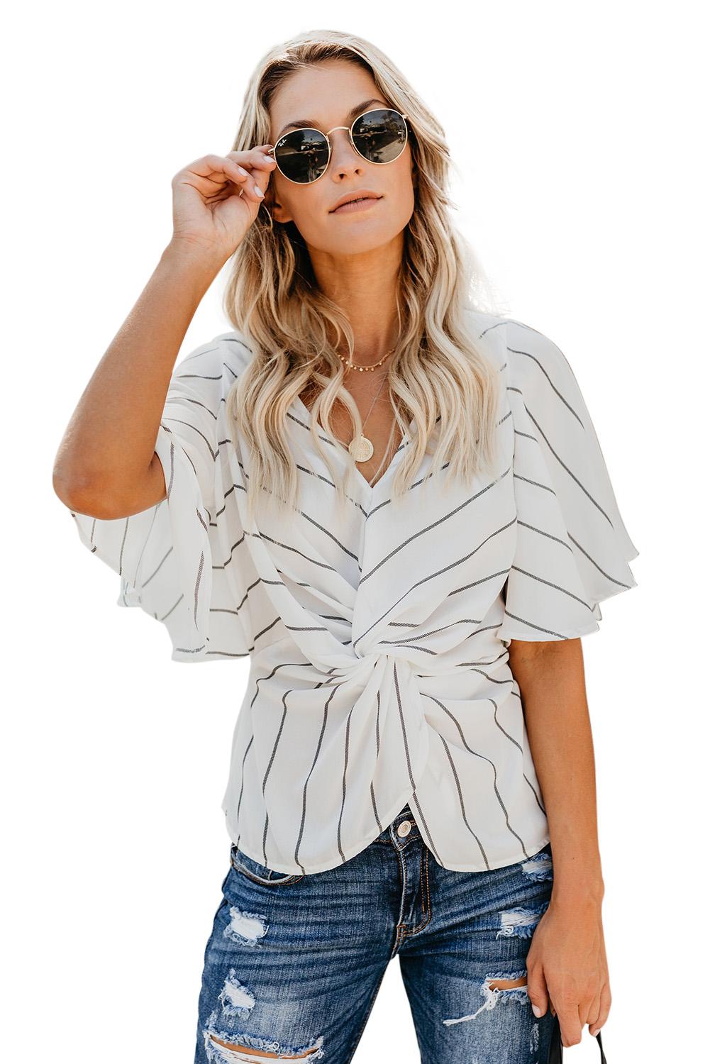 Download US$ 7.92 White Twist Front V Neck Blouse Wholesale