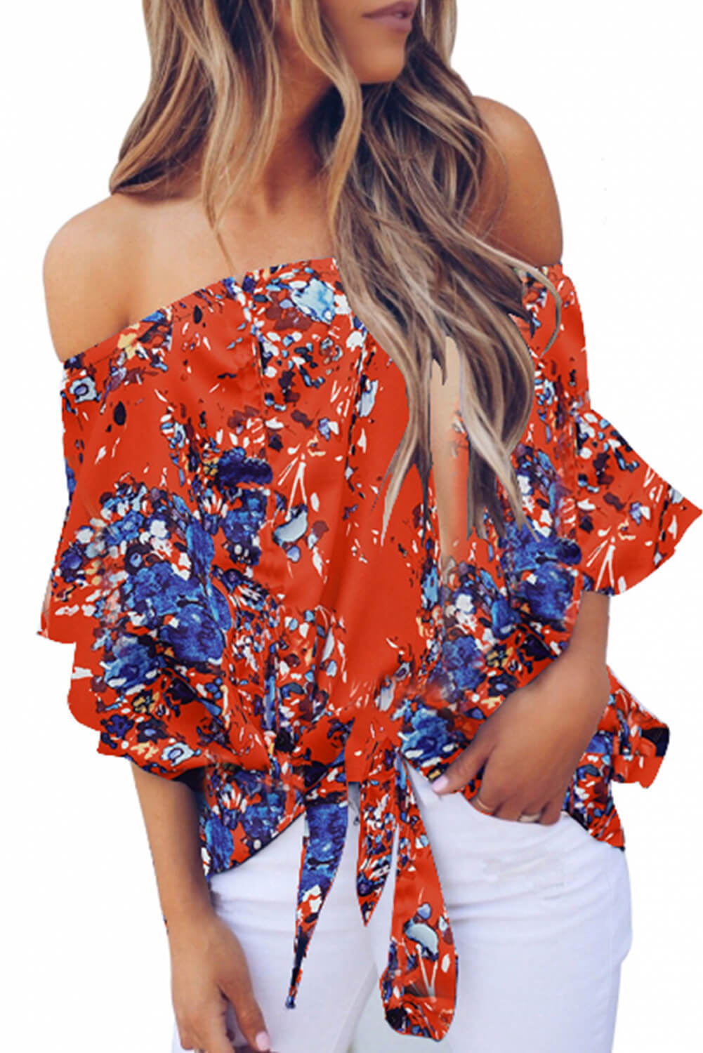 US 7.8 Orange Off Shoulder Floral Tie Front High Low Chiffon Blouse Wholesale