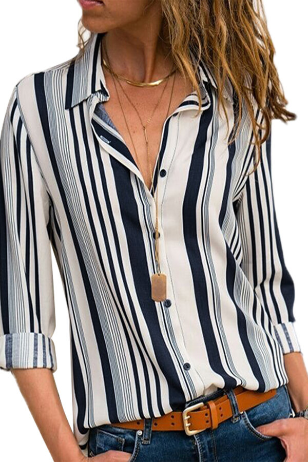 US$ 15.3 White Navy Striped Modern Women Shirt Wholesale