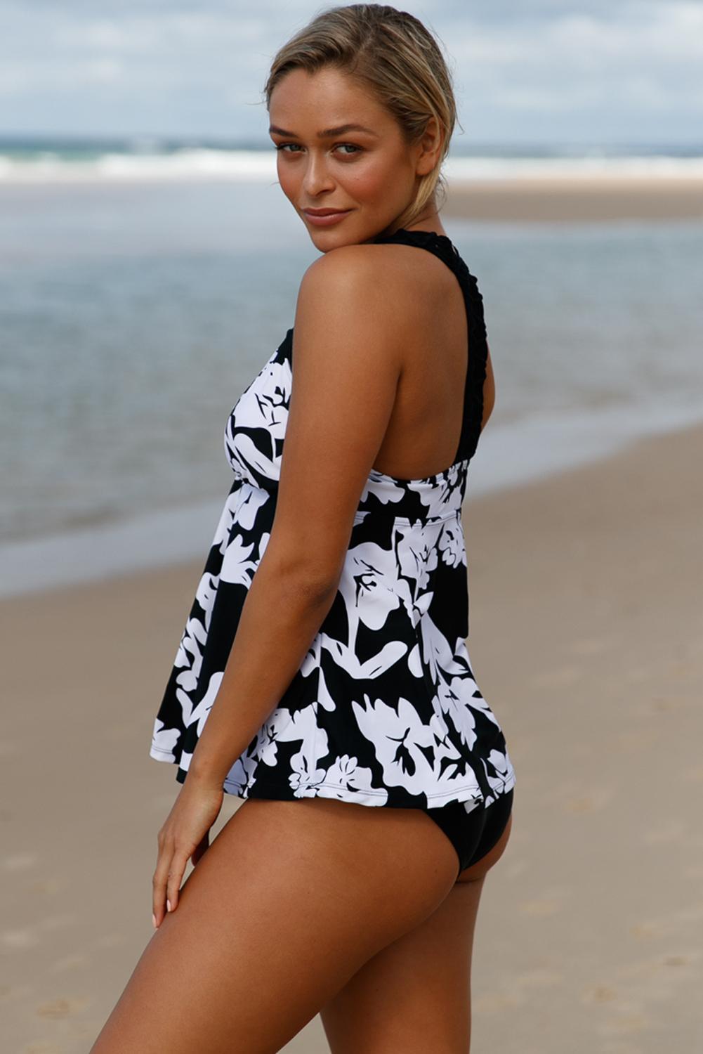 US 14.98 Patchwork White Printed Open Back Tankini Swim Top Wholesale