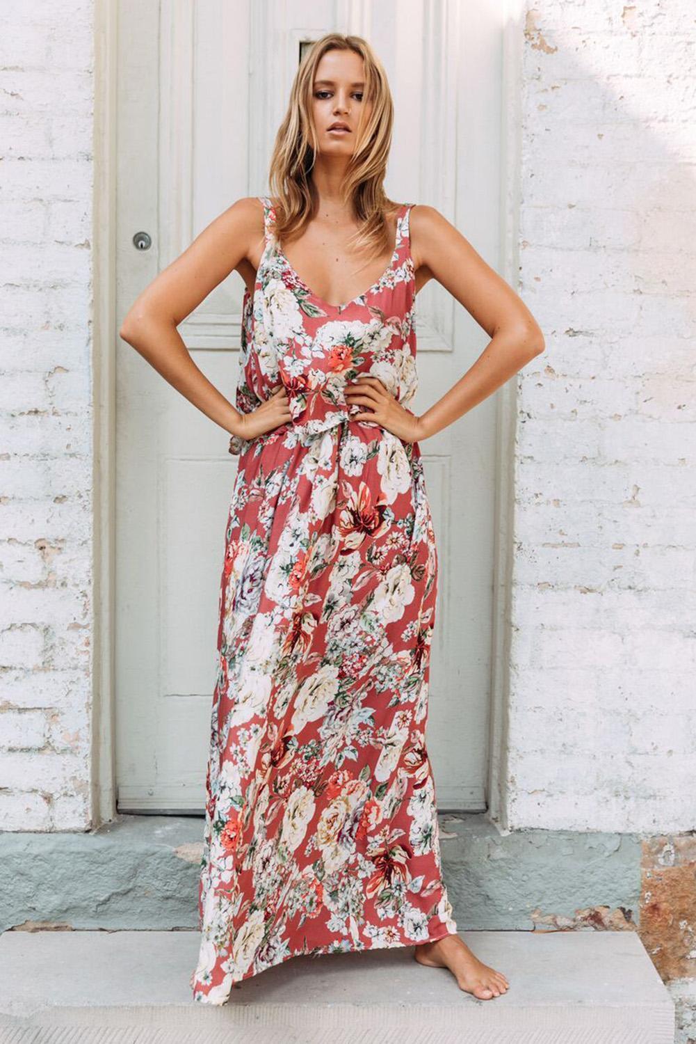 US$ 14.97 Chic Summer Boho Floral Maxi Dress in Pink Wholesale