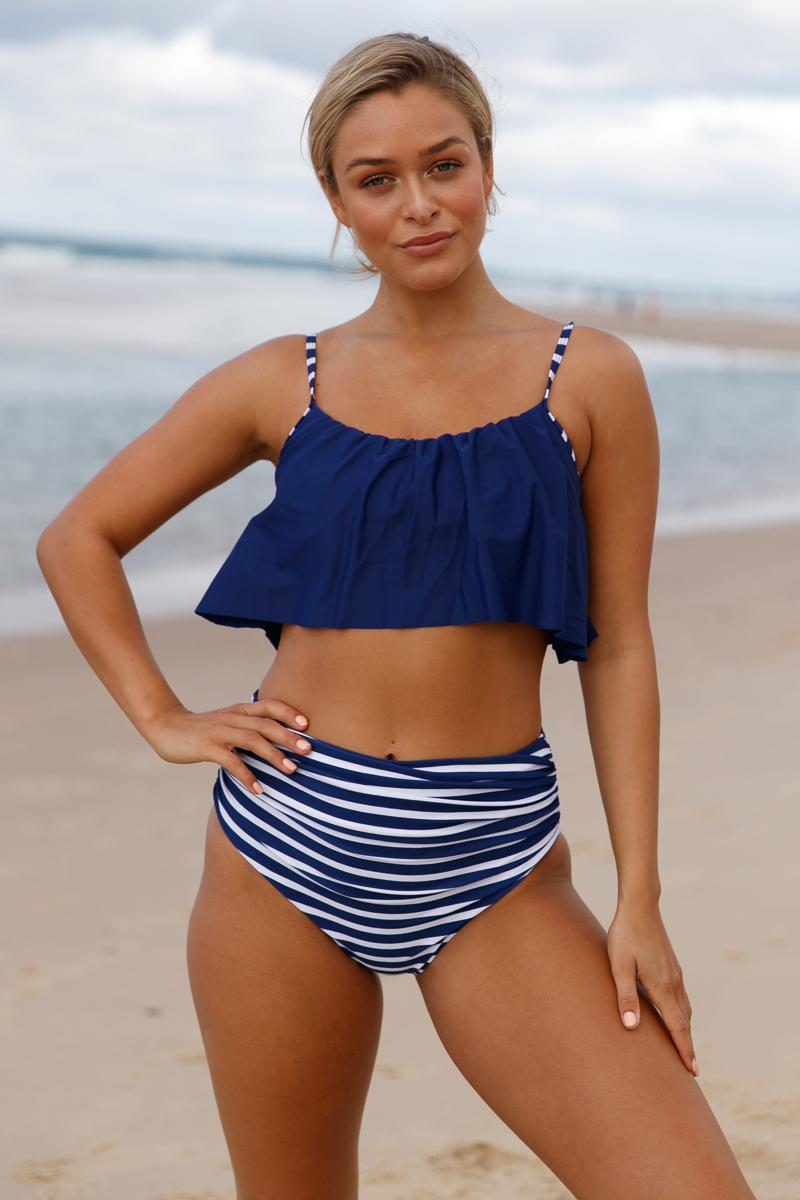 US 7.18 Navy Top and Striped Bottom High Waist Swimwear Wholesale
