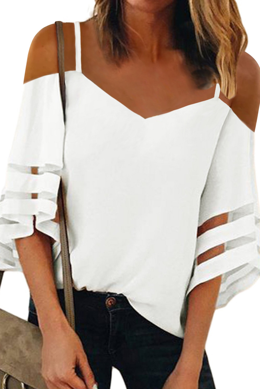 US$ 10.76 White Spaghetti Straps Cold Shoulder Mesh Insert Bell Sleeve ...