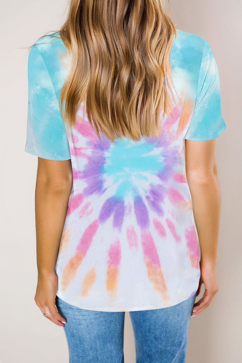 US$ 8.96 Multicolor Gradient Tie Dye V Neck T-shirt Wholesale