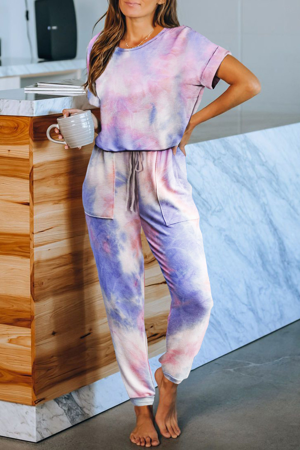 US 12.75 Multicolor Pocketed Tiedye Knit Jumpsuit Wholesale