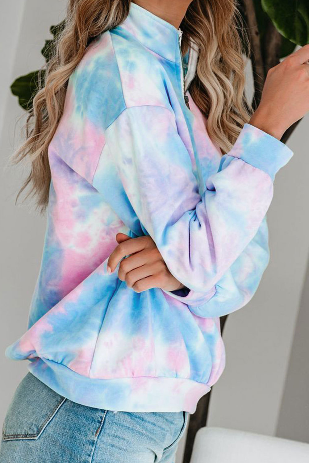 Download US$ 10.47 Sky Blue Cotton Tie-dye Mock Neck Zip Sweatshirt ...