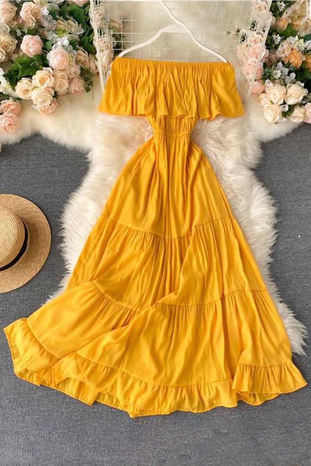 US 21.56 Yellow Offtheshoulder Tiered Pleated Maxi Dress Wholesale