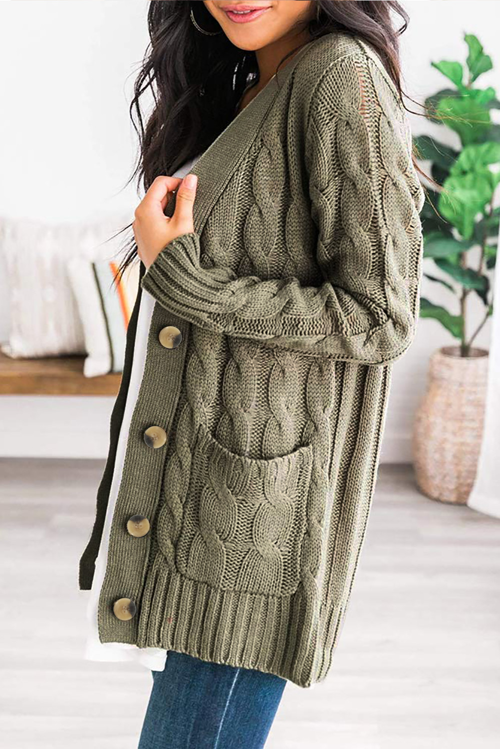 US$ 19.76 Green Button Pocket Knit Cardigan Wholesale