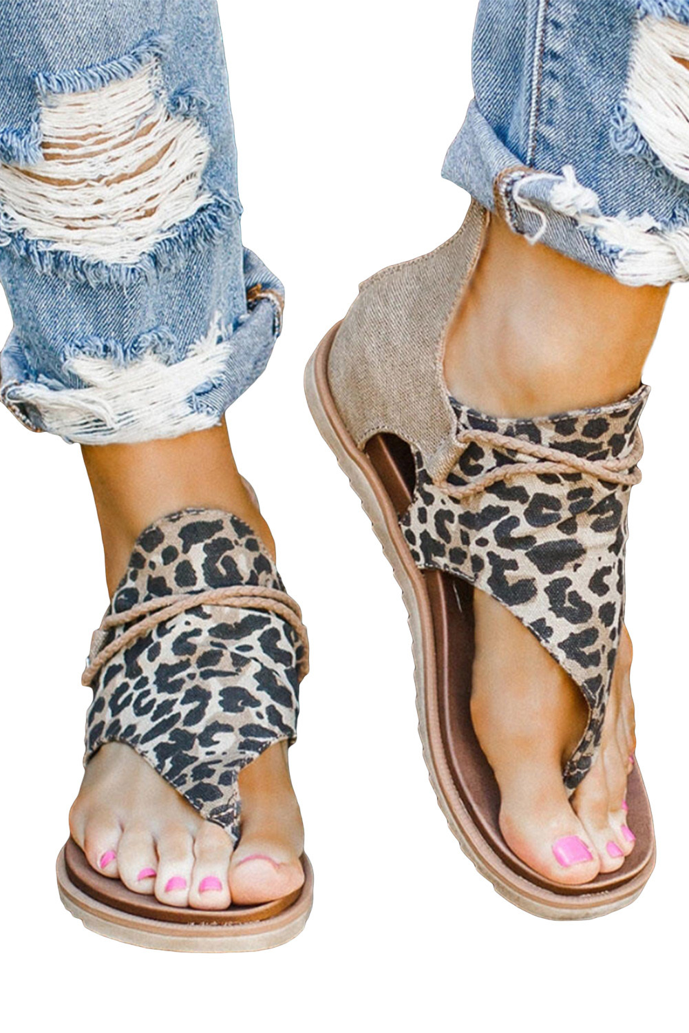 US$ 7.38 Retro Leopard Zip Flip Flop Sandals Wholesale