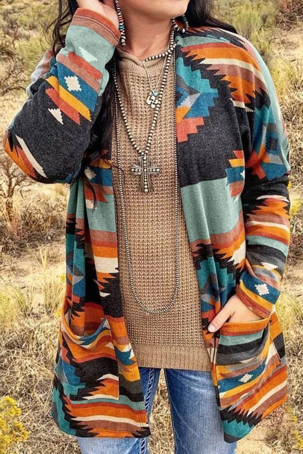 US 9.3 Multicolor Aztec Print Pocket Open Front Cardigan Wholesale