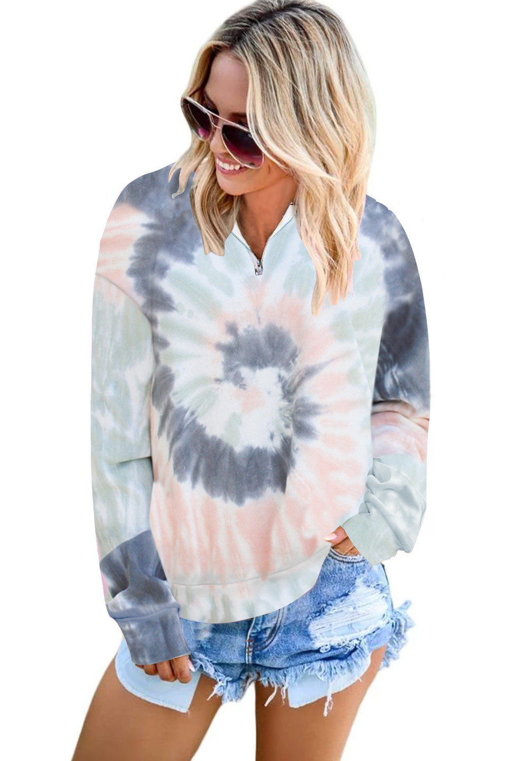 Download US$ 12.56 Gray Cotton Tie-dye Mock Neck Zip Sweatshirt Wholesale