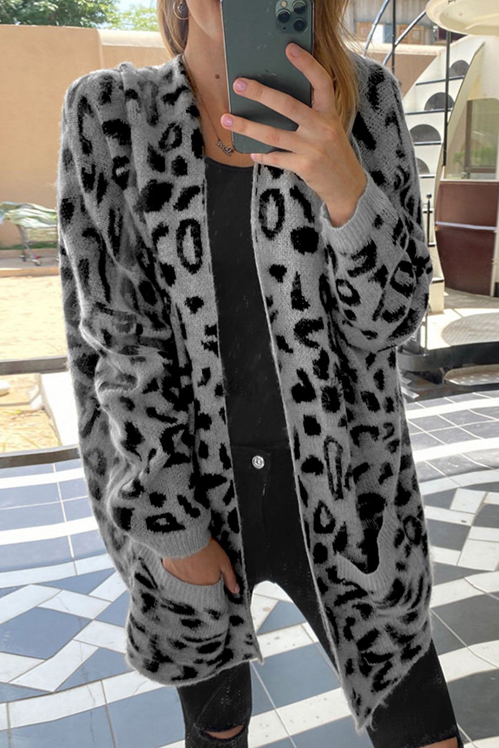 US$ 14.7 Gray Leopard Pocketed Cardigan Wholesale