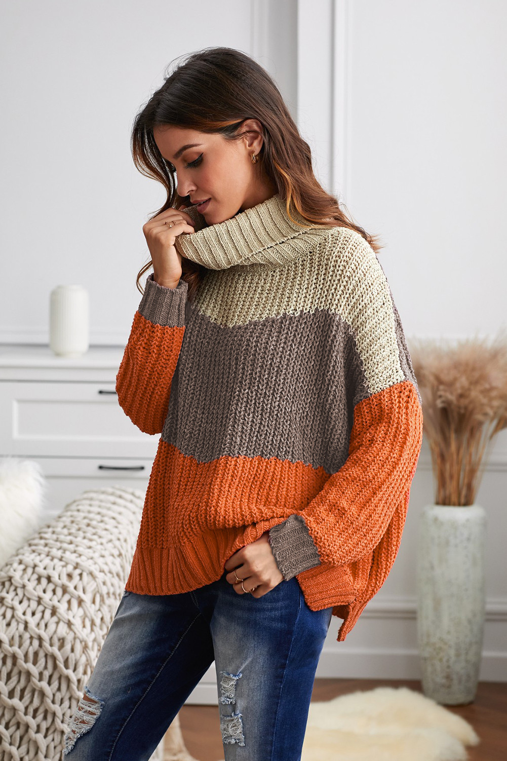 US$ 14.25 Orange Cowl Neck Colorblock Cable Knit Sweater Wholesale
