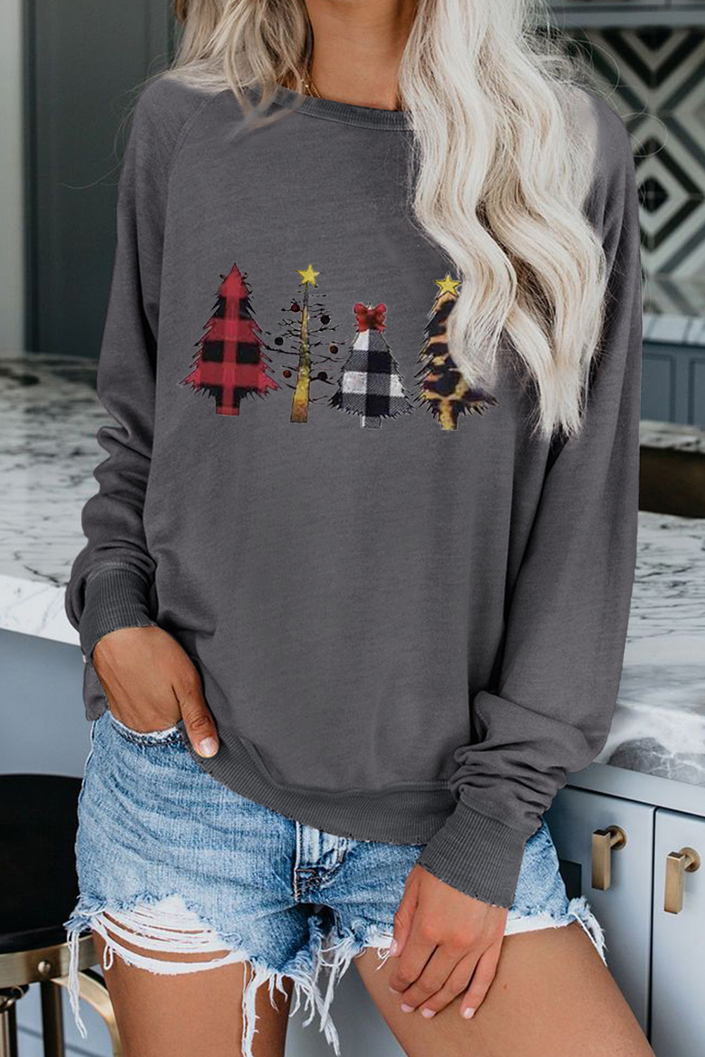 US 10.47 Gray Crew Neck Christmas Tree Print Sweatshirt Wholesale