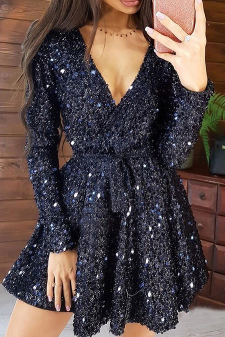 Sparkling Self Tie Black Sequin Dress - GlamEdge | Evening 