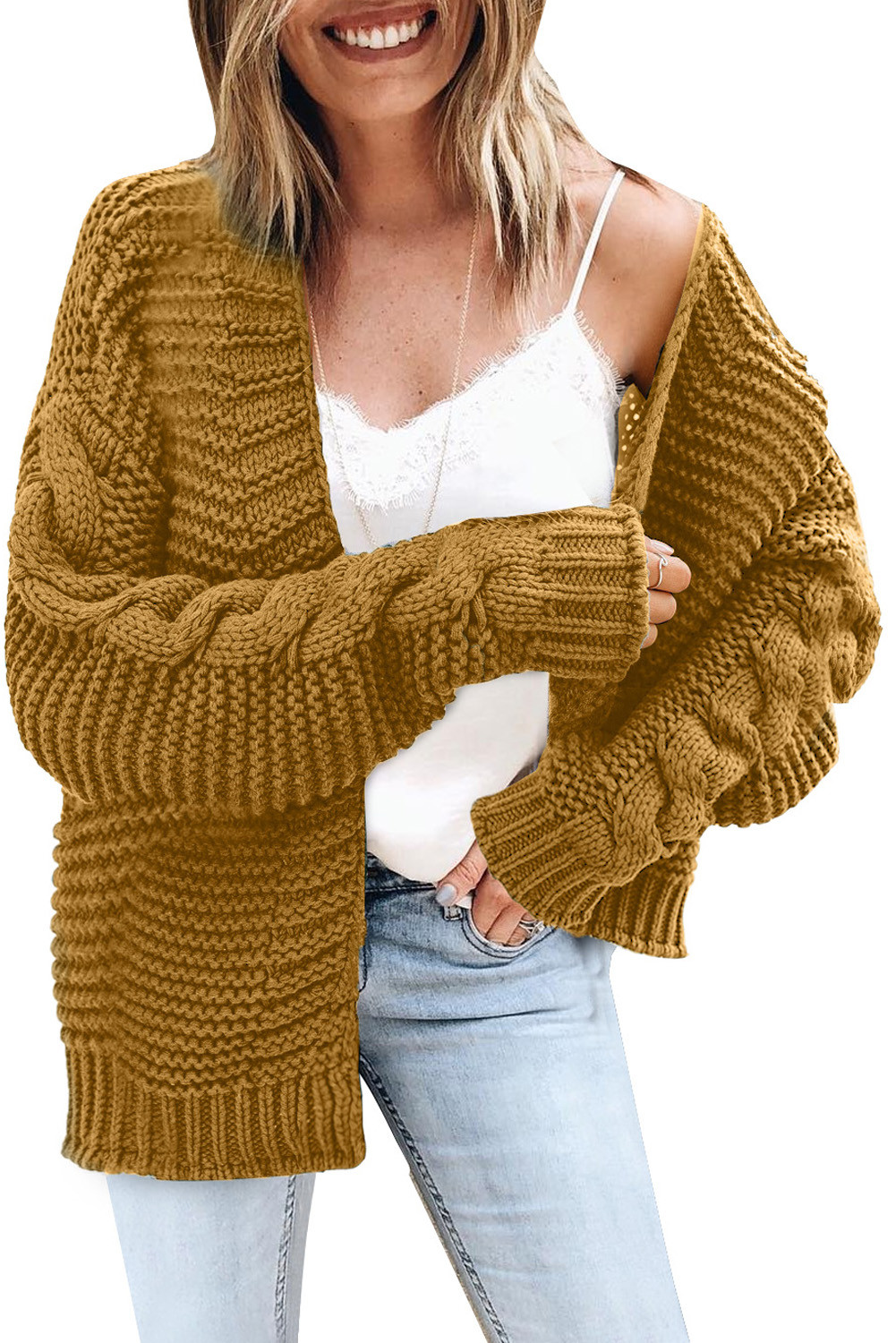 US$ 19.76 Brown Open Front Chunky Knit Cardigan Wholesale