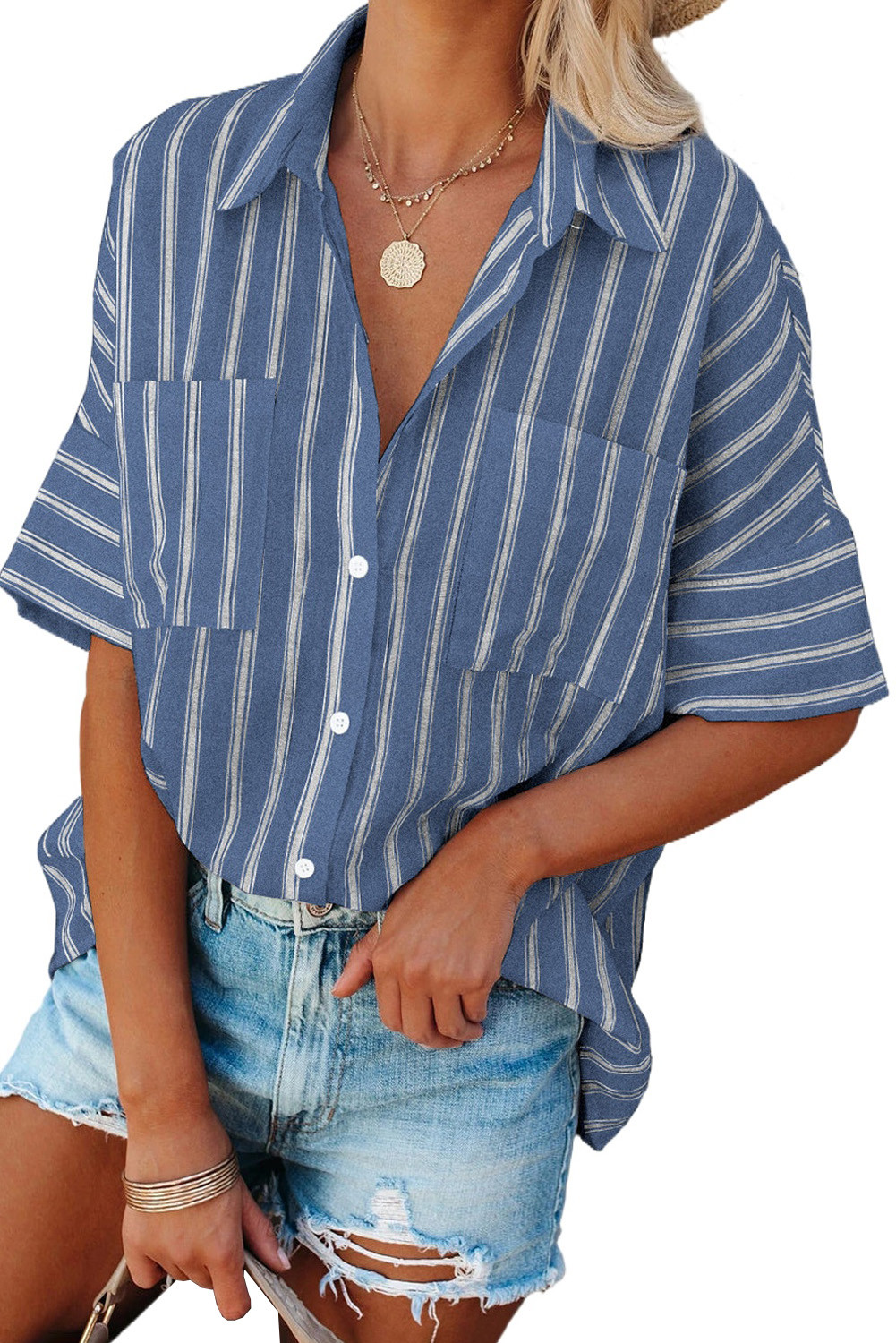 US$ 9.9 Blue Short Sleeve Striped Shirt Wholesale