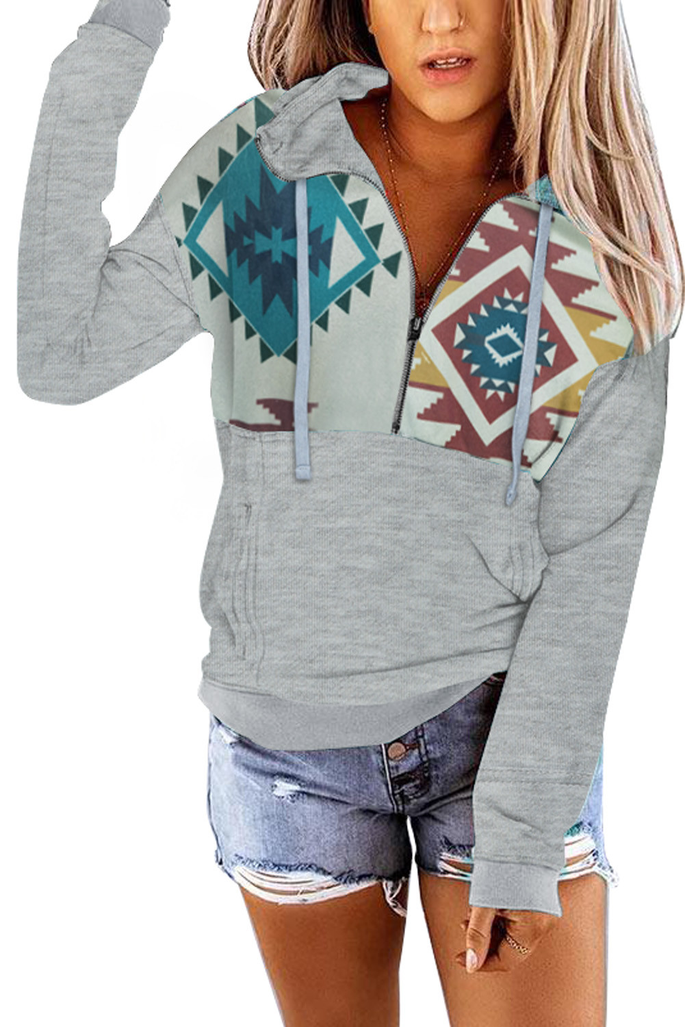 US$ 16.47 Gray Aztec Print Half Zip Sweatshirt Wholesale