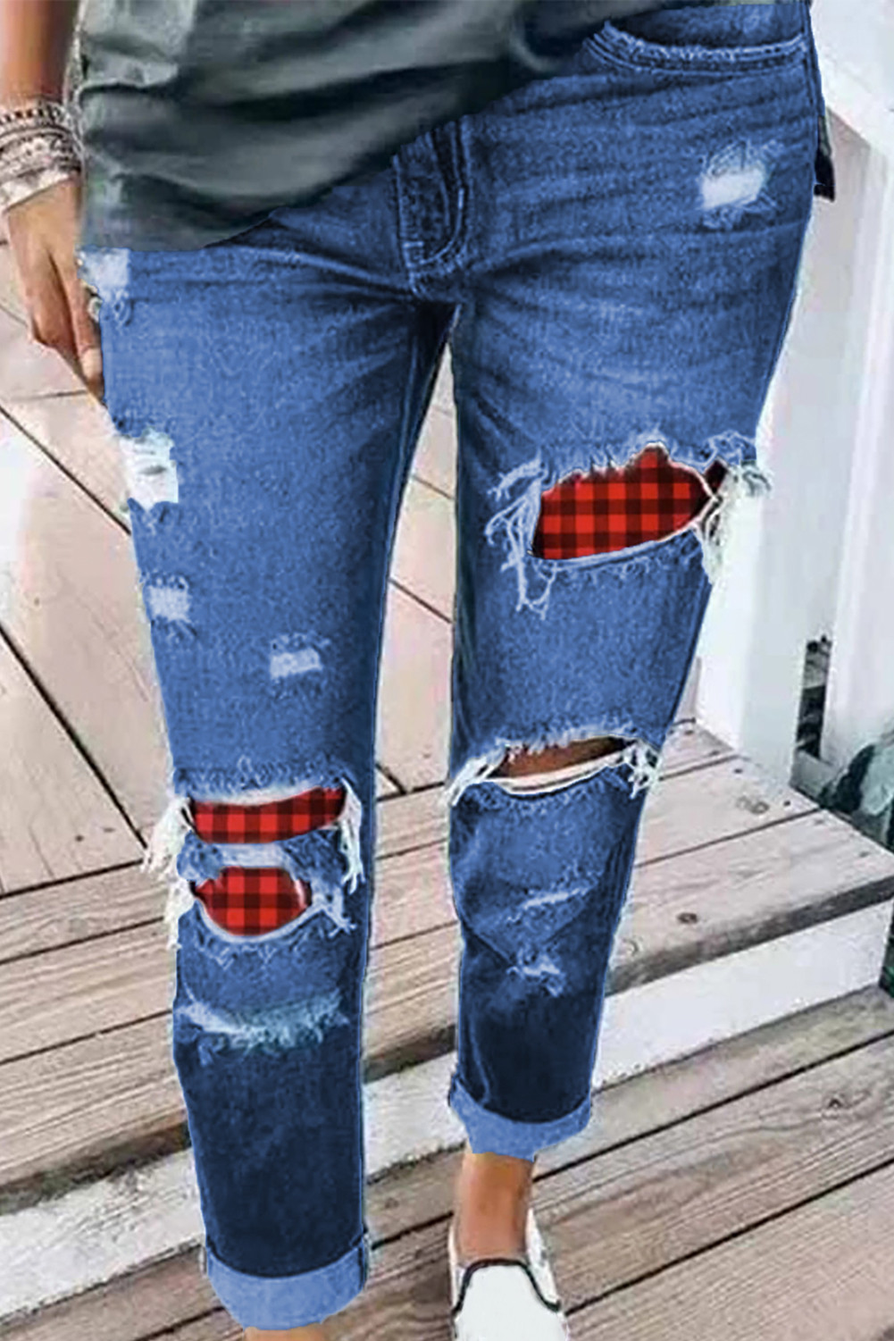 US$ 17.82 Sky Blue Plaid Patchwork Hollow Out Ripped Jeans Wholesale