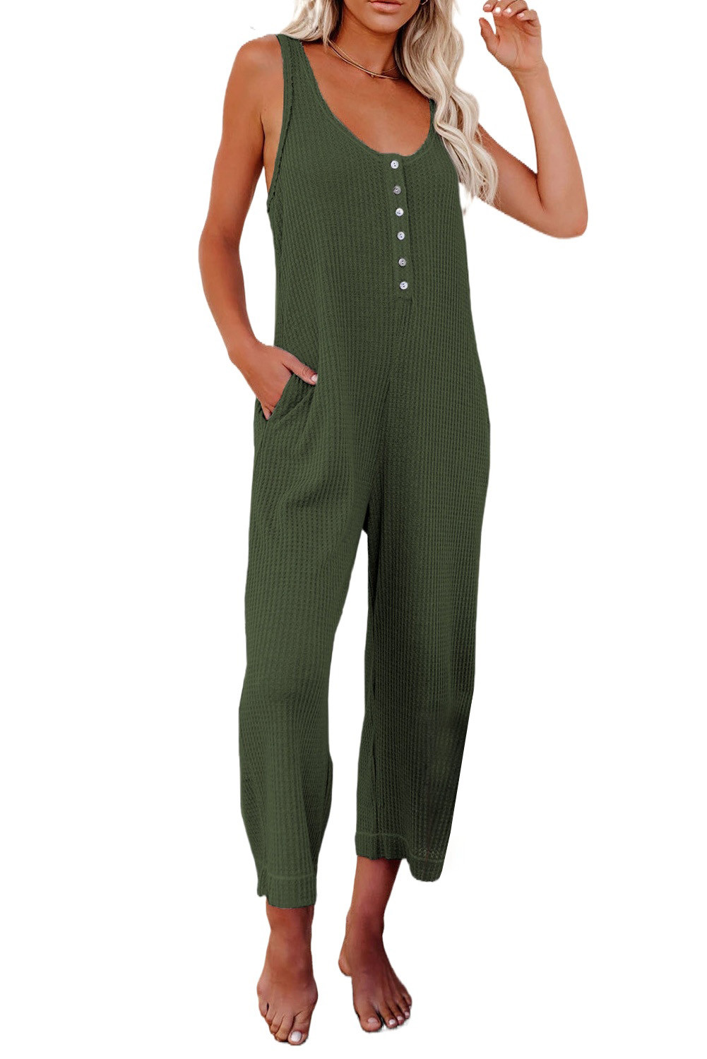 US$ 11.85 Green Pocketed Thermal Sleeveless Jumpsuit Wholesale