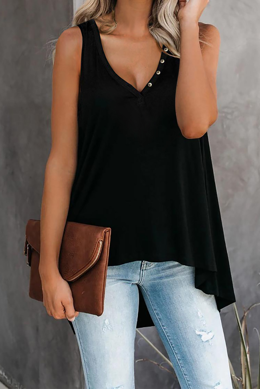 US$ 6.75 Black V Neck Sleeveless High Low Tank Top Wholesale