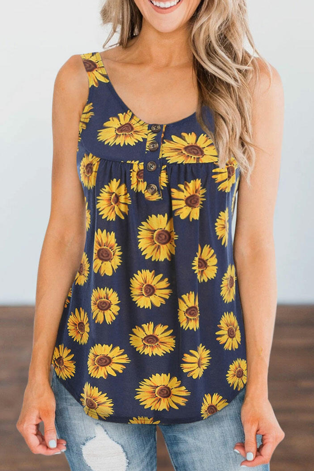 US$ 7.38 Black Sunflower Print Buttoned Tank Top Wholesale