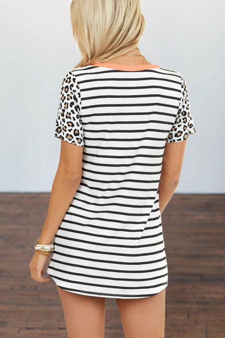 US$ 9.23 Black Striped V Neck Leopard Short Sleeve Tee ...