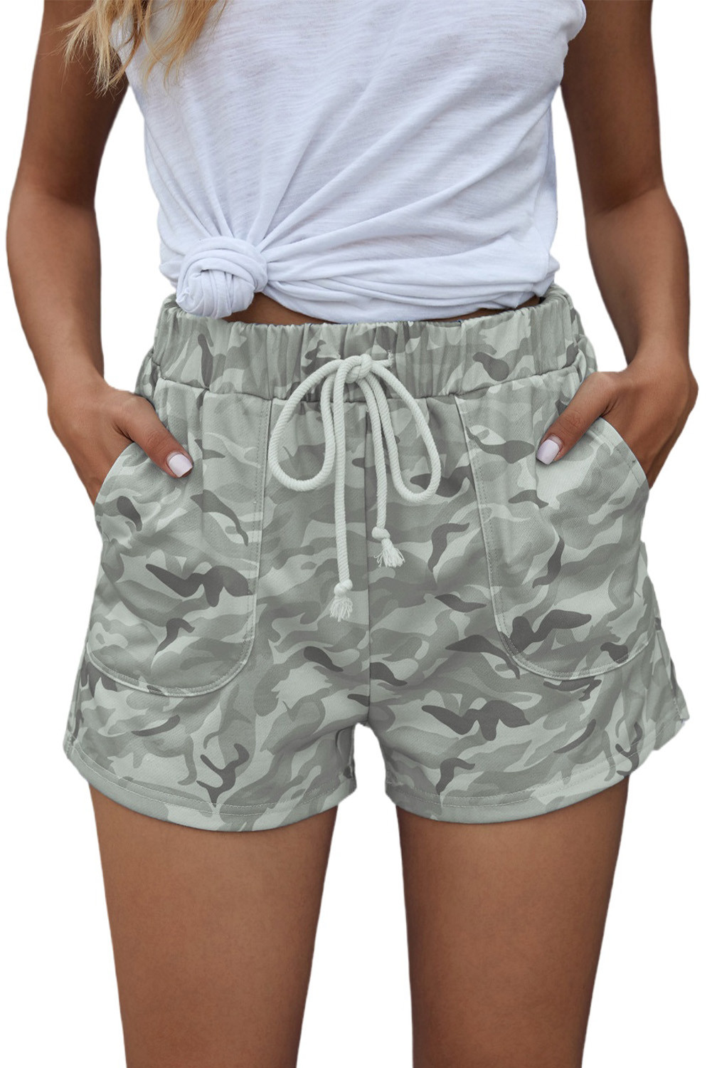 US$ 10.19 Gray Camouflage Pocketed Drawstring Casual Shorts Wholesale
