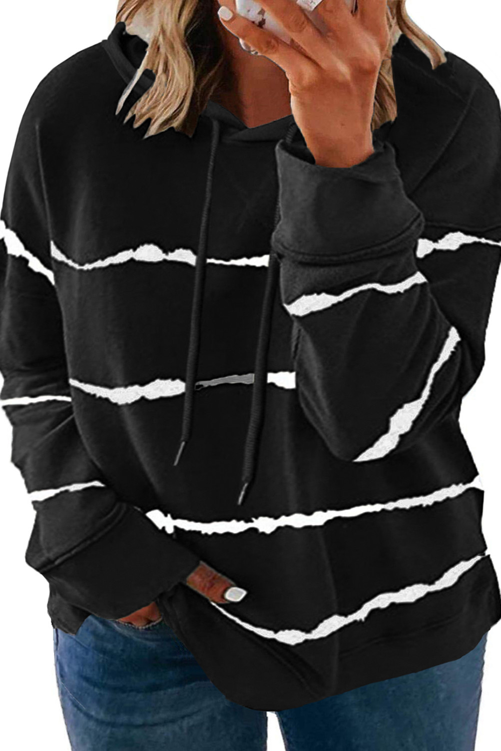 US$ 12.75 Black Tie-dyed Stripe Drawstring Plus Size Hoodie Wholesale