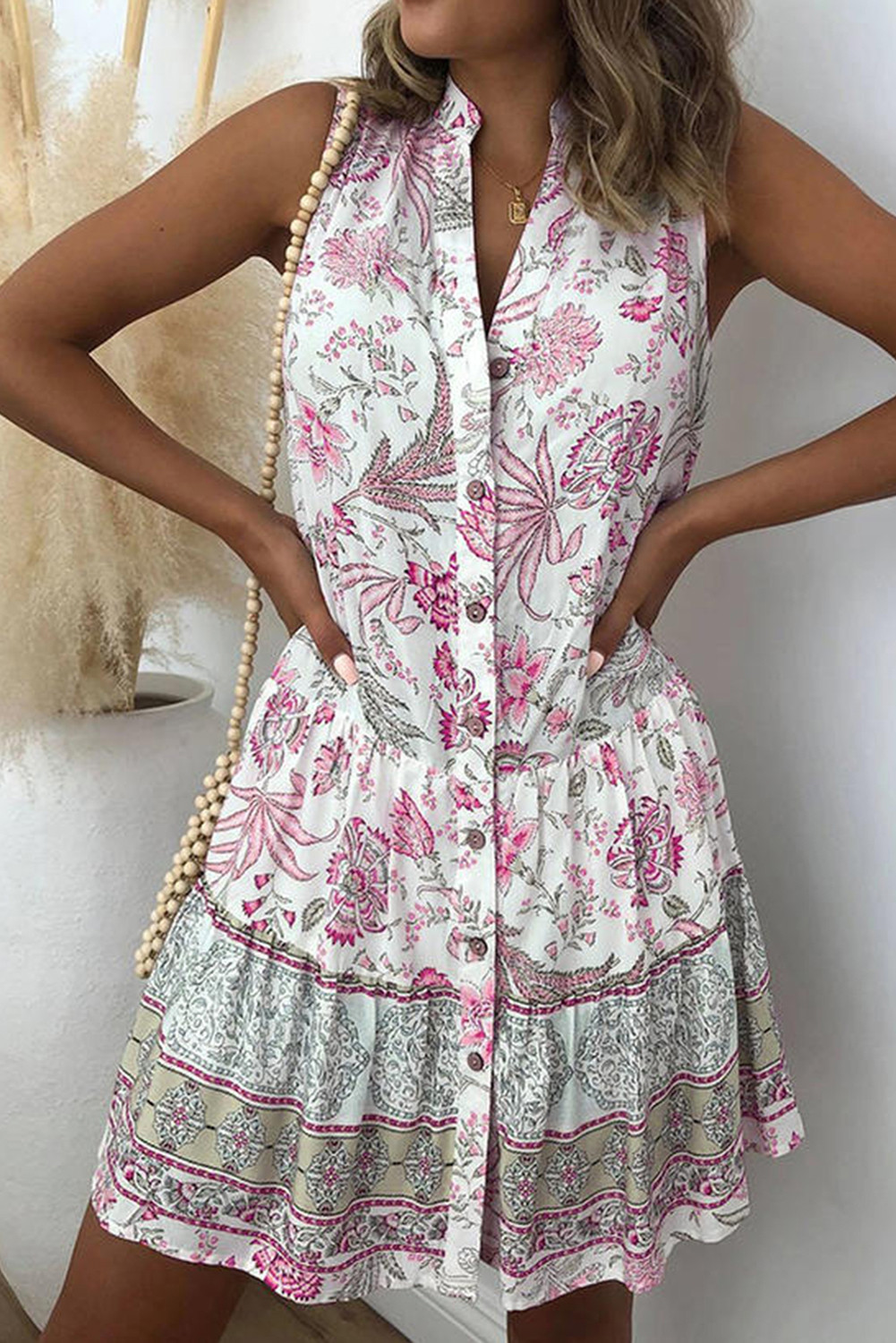 US$ 10.34 Pink Floral Print Sleeveless Buttons Shirt Dress Wholesale