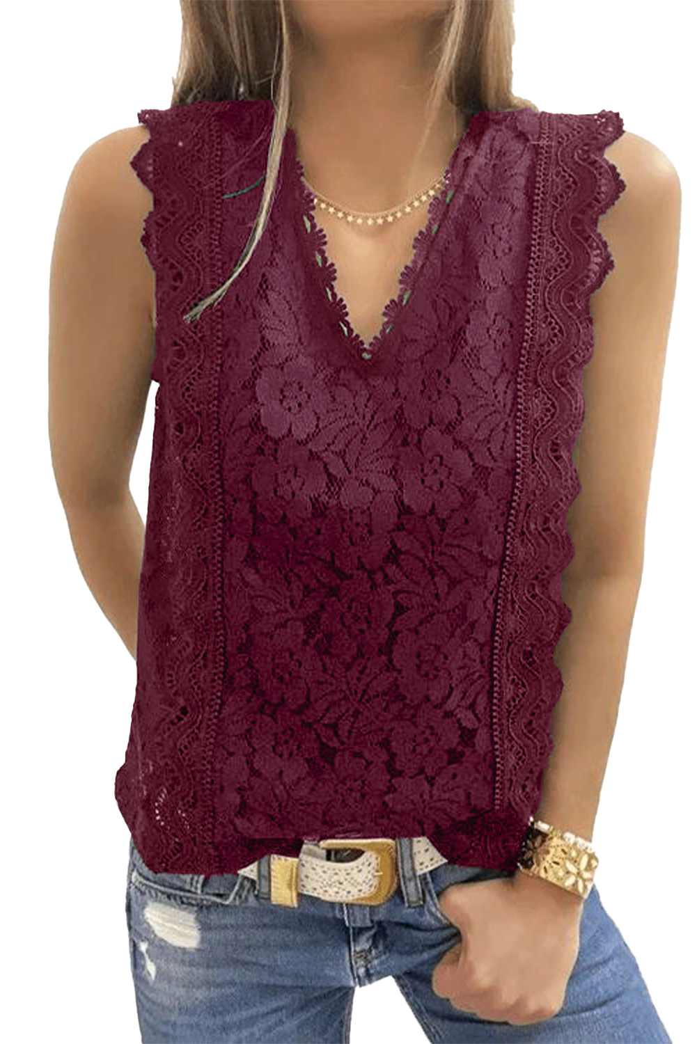 US$ 7.8 Wine Red Lace V Neck Tank Top Wholesale