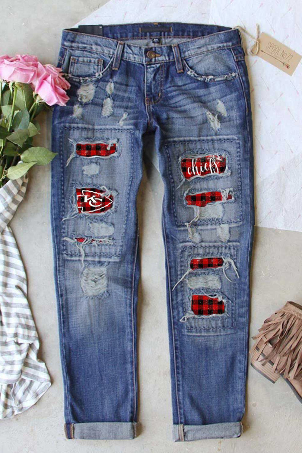 US 17.72 Vintage Plaid Print Patches Midwaist Jeans Wholesale