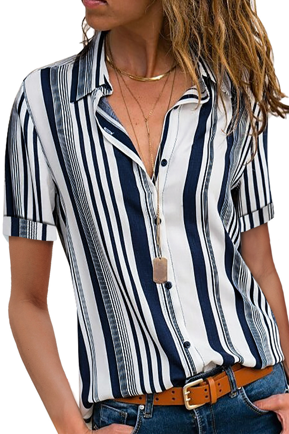 US$ 10.47 White Navy Striped Short Sleeve Button Shirt Wholesale