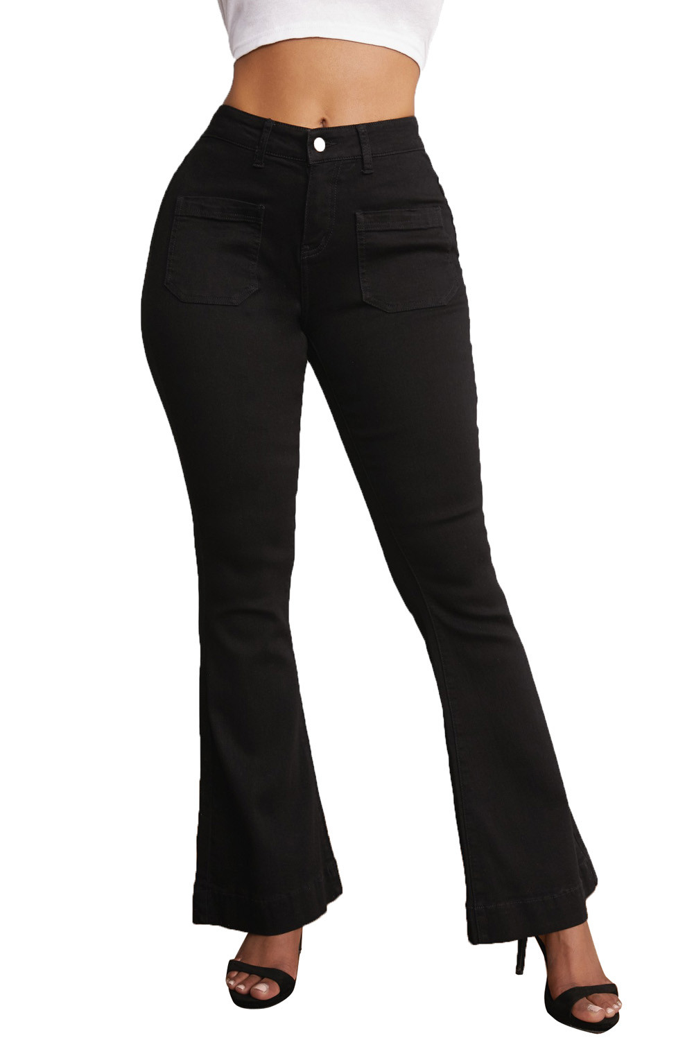 US$ 17.25 Black Vintage Casual Pocket Flared Jeans Wholesale
